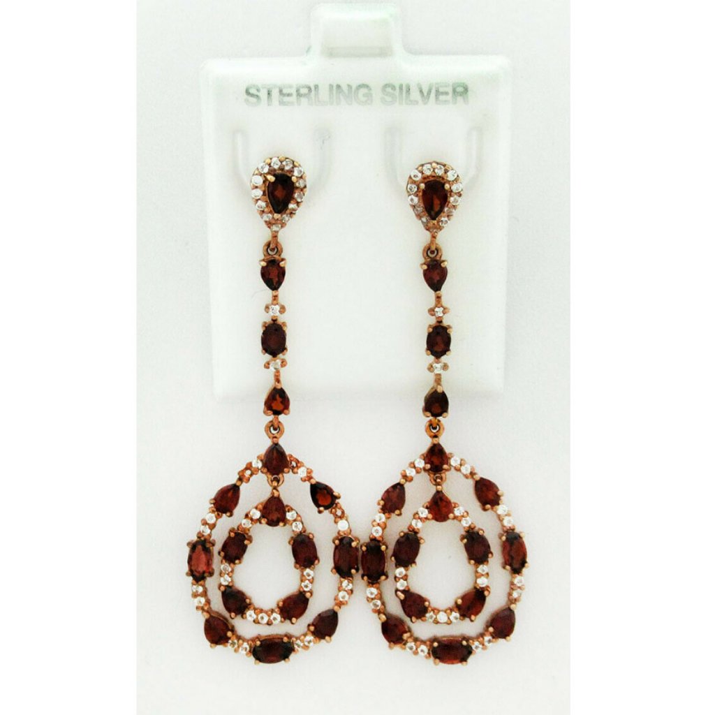 Genuine 5.40 Cts Garnet & White Sapphires Dangling Earrings .925 Silver